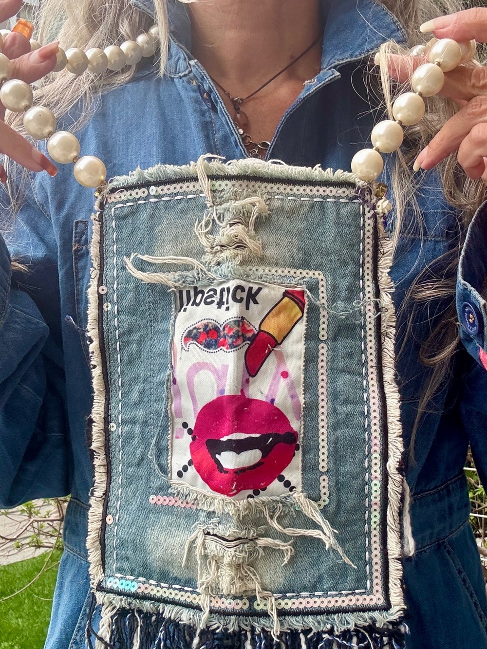 Denim Fringe Crossbody with Pearl Strap and Lip Patch